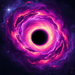 A stunning and artistic representation of a black hole in space, featuring vibrant colors like deep purples, blues, and fiery oranges emanating from the accretion disk