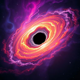 A stunning and artistic representation of a black hole in space, featuring vibrant colors like deep purples, blues, and fiery oranges emanating from the accretion disk
