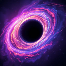 A stunning and artistic representation of a black hole in space, featuring vibrant colors like deep purples, blues, and fiery oranges emanating from the accretion disk