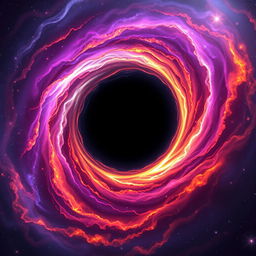 A stunning and artistic representation of a black hole in space, featuring vibrant colors like deep purples, blues, and fiery oranges emanating from the accretion disk