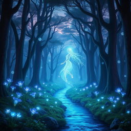 A mystical forest at twilight, bathed in a soft, ethereal glow