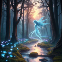 A mystical forest at twilight, bathed in a soft, ethereal glow