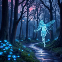 A mystical forest at twilight, bathed in a soft, ethereal glow