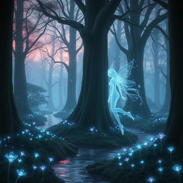 A mystical forest at twilight, bathed in a soft, ethereal glow