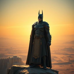 A striking character design that combines traits of Cyrus the Great and Batman