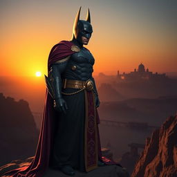 A striking character design that combines traits of Cyrus the Great and Batman