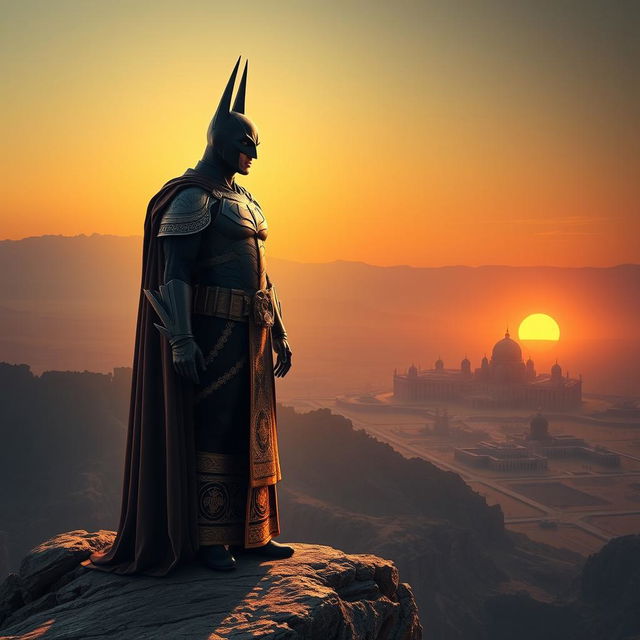 A striking character design that combines traits of Cyrus the Great and Batman