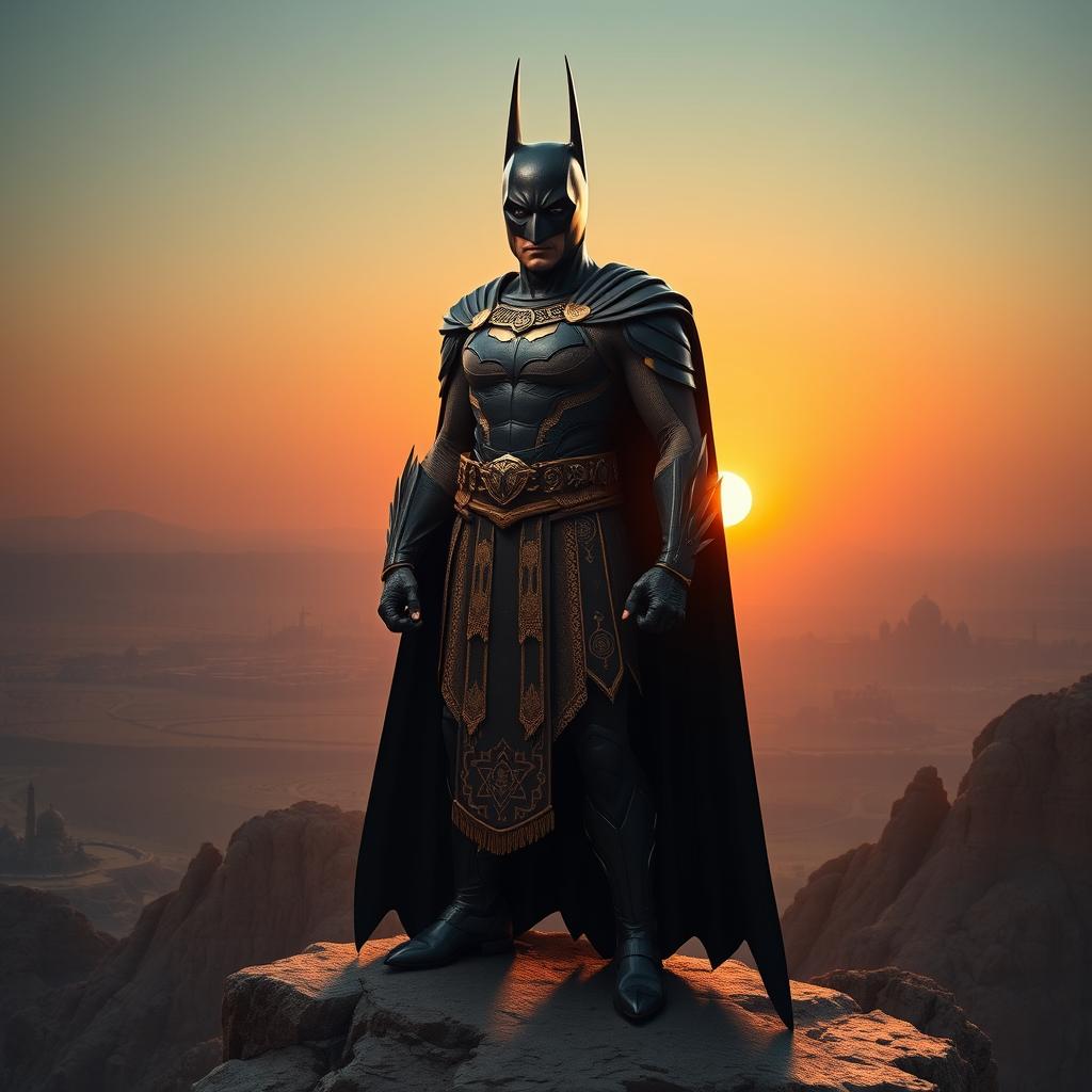 A striking character design that combines traits of Cyrus the Great and Batman