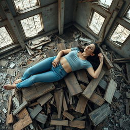 A slim, busty woman wearing a cropped t-shirt and blue jeans, lying spread out and sleeping on a pile of broken pieces of wood in a demolished warehouse