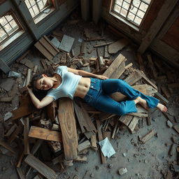 A slim, busty woman wearing a cropped t-shirt and blue jeans, lying spread out and sleeping on a pile of broken pieces of wood in a demolished warehouse