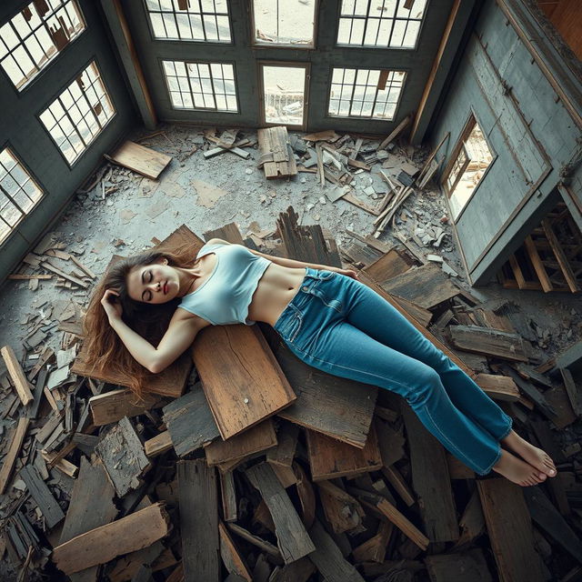 A slim, busty woman wearing a cropped t-shirt and blue jeans, lying spread out and sleeping on a pile of broken pieces of wood in a demolished warehouse