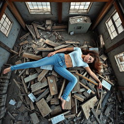 A slim, busty woman wearing a cropped t-shirt and blue jeans, lying spread out and sleeping on a pile of broken pieces of wood in a demolished warehouse