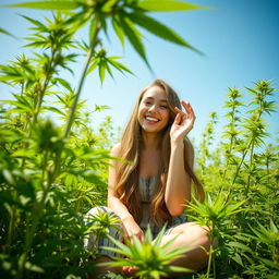 A young woman with long flowing hair, sitting comfortably in a lush green field surrounded by vibrant cannabis plants