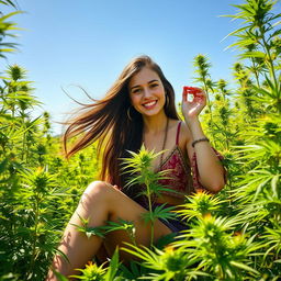 A young woman with long flowing hair, sitting comfortably in a lush green field surrounded by vibrant cannabis plants