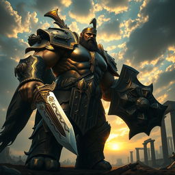 A towering Goliath warrior, depicted in an epic battle stance, wearing shining armor that reflects the light of a sunset
