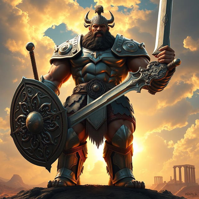 A towering Goliath warrior, depicted in an epic battle stance, wearing shining armor that reflects the light of a sunset