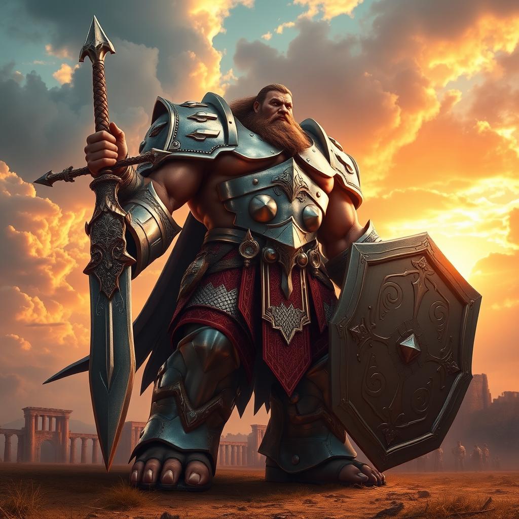 A towering Goliath warrior, depicted in an epic battle stance, wearing shining armor that reflects the light of a sunset