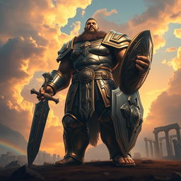 A towering Goliath warrior, depicted in an epic battle stance, wearing shining armor that reflects the light of a sunset