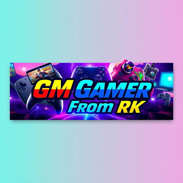 A vibrant YouTube thumbnail design for a gaming channel named 'GM Gamer From RK'