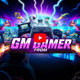 A vibrant YouTube thumbnail design for a gaming channel named 'GM Gamer From RK'