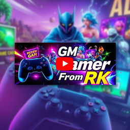 A vibrant YouTube thumbnail design for a gaming channel named 'GM Gamer From RK'