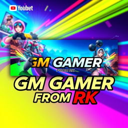 A vibrant YouTube thumbnail design for a gaming channel named 'GM Gamer From RK'