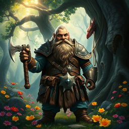 A fantasy scene featuring a stout, bearded dwarf wearing intricately designed armor