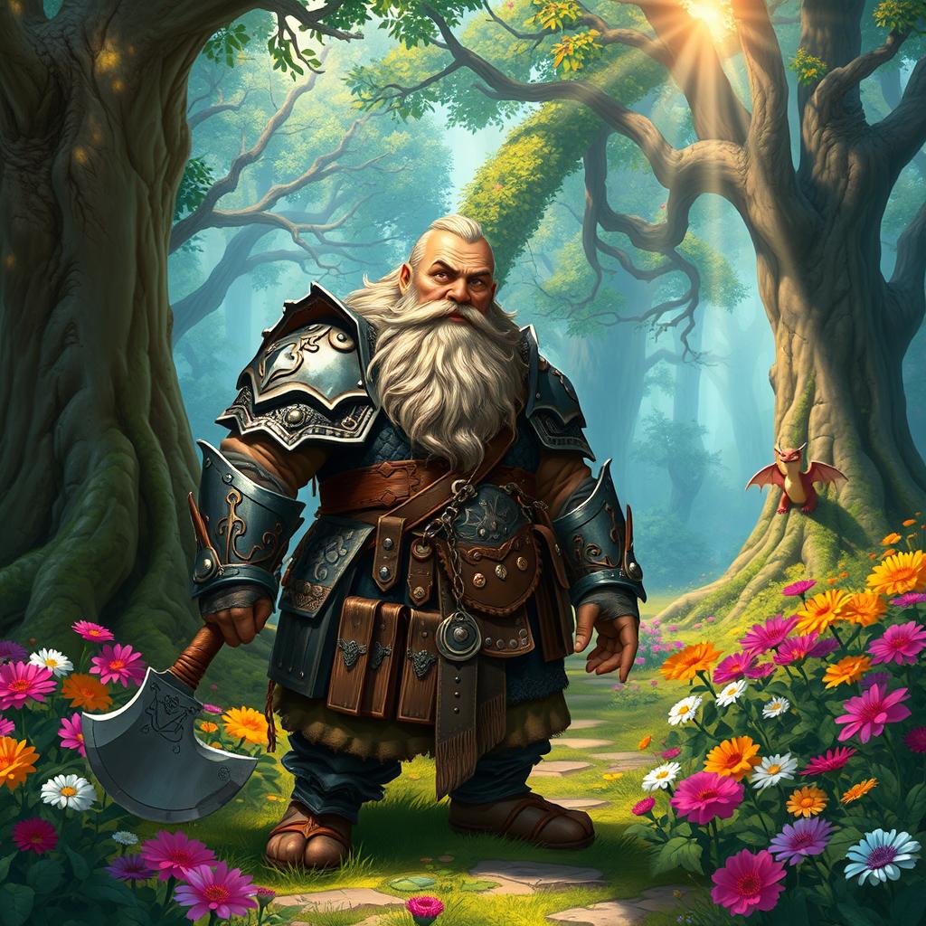 A fantasy scene featuring a stout, bearded dwarf wearing intricately designed armor