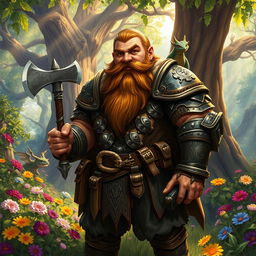 A fantasy scene featuring a stout, bearded dwarf wearing intricately designed armor