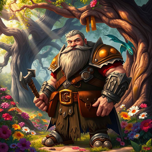 A fantasy scene featuring a stout, bearded dwarf wearing intricately designed armor