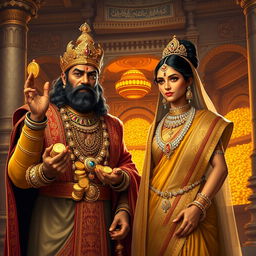 In a historical Indian kingdom long ago, a greedy king adorned in luxurious robes, grasping gold coins in one hand, stands beside a queen draped in sparkling jewels and ornate jewelry
