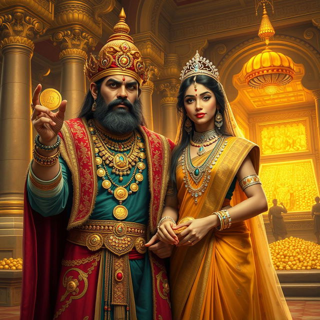 In a historical Indian kingdom long ago, a greedy king adorned in luxurious robes, grasping gold coins in one hand, stands beside a queen draped in sparkling jewels and ornate jewelry