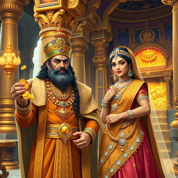 In a historical Indian kingdom long ago, a greedy king adorned in luxurious robes, grasping gold coins in one hand, stands beside a queen draped in sparkling jewels and ornate jewelry