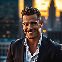 A handsome man with chiseled features and a strong jawline, wearing a stylish fitted blazer over a crisp white shirt