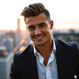 A handsome man with chiseled features and a strong jawline, wearing a stylish fitted blazer over a crisp white shirt