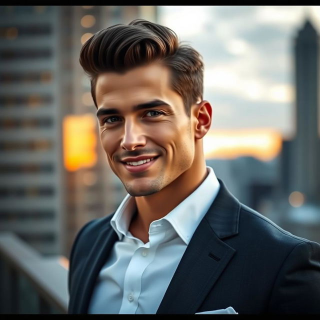 A handsome man with chiseled features and a strong jawline, wearing a stylish fitted blazer over a crisp white shirt