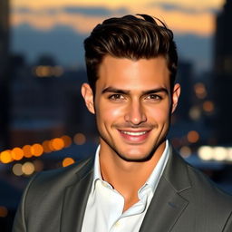 A handsome man with chiseled features and a strong jawline, wearing a stylish fitted blazer over a crisp white shirt