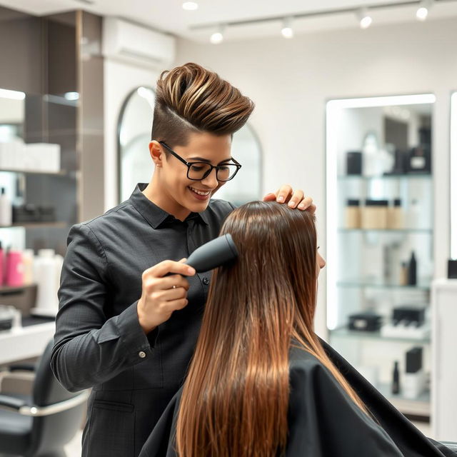 A highly skilled hair keratin artist expertly applying keratin treatment to a client's hair in a modern salon