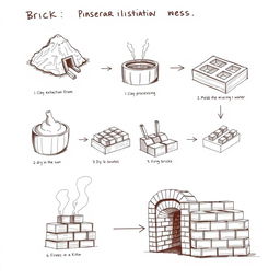 A detailed and informative illustration depicting the entire brick-making process from start to finish, presented in sketch form