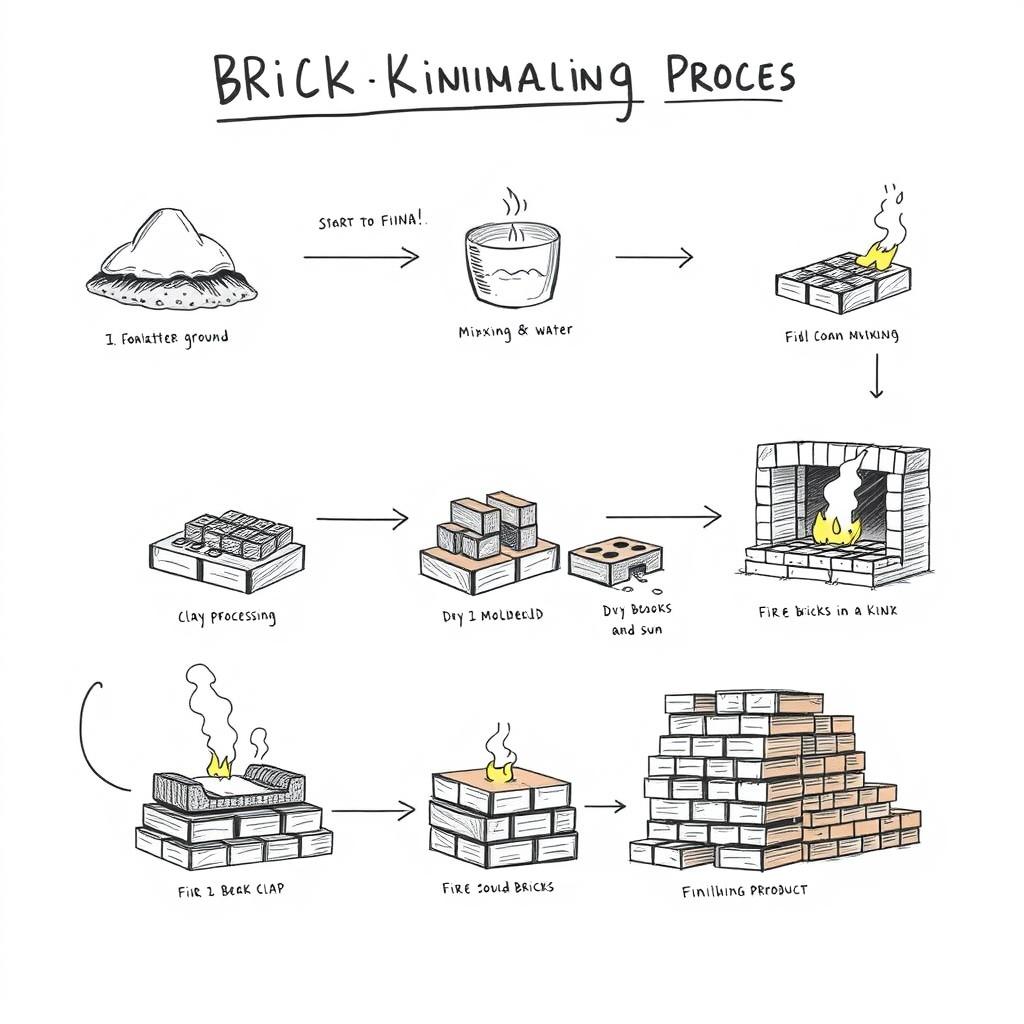 A detailed and informative illustration depicting the entire brick-making process from start to finish, presented in sketch form