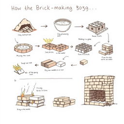 A detailed and informative illustration depicting the entire brick-making process from start to finish, presented in sketch form