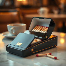 A detailed image of a cigarette pack with a sleek, modern design that features a built-in match compartment