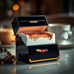 A detailed image of a cigarette pack with a sleek, modern design that features a built-in match compartment
