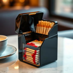 A detailed image of a cigarette pack with a sleek, modern design that features a built-in match compartment