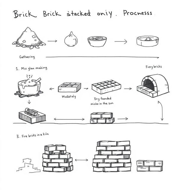 A detailed sketch illustrating the entire brick making process from start to finish