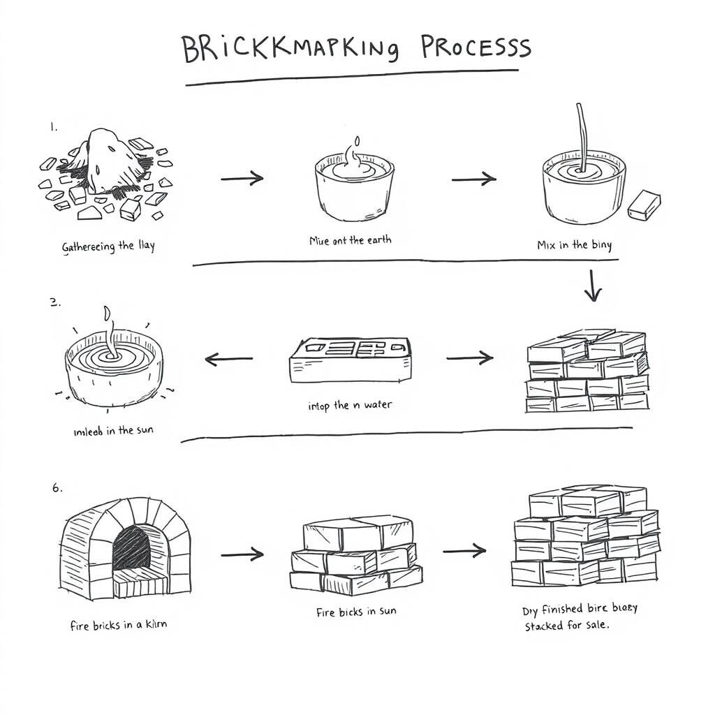 A detailed sketch illustrating the entire brick making process from start to finish