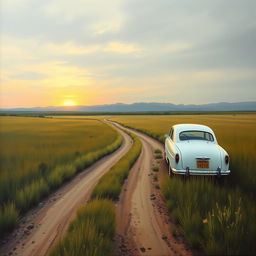 A serene and atmospheric landscape painting featuring a white vintage car parked on a dirt road that winds through an expansive grassy field