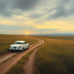 A serene and atmospheric landscape painting featuring a white vintage car parked on a dirt road that winds through an expansive grassy field