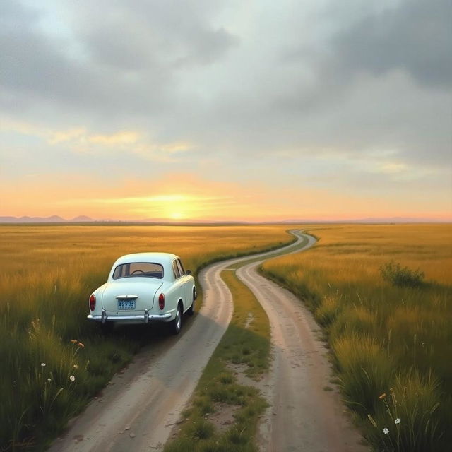 A serene and atmospheric landscape painting featuring a white vintage car parked on a dirt road that winds through an expansive grassy field