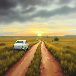 A serene and atmospheric landscape painting featuring a white vintage car parked on a dirt road that winds through an expansive grassy field